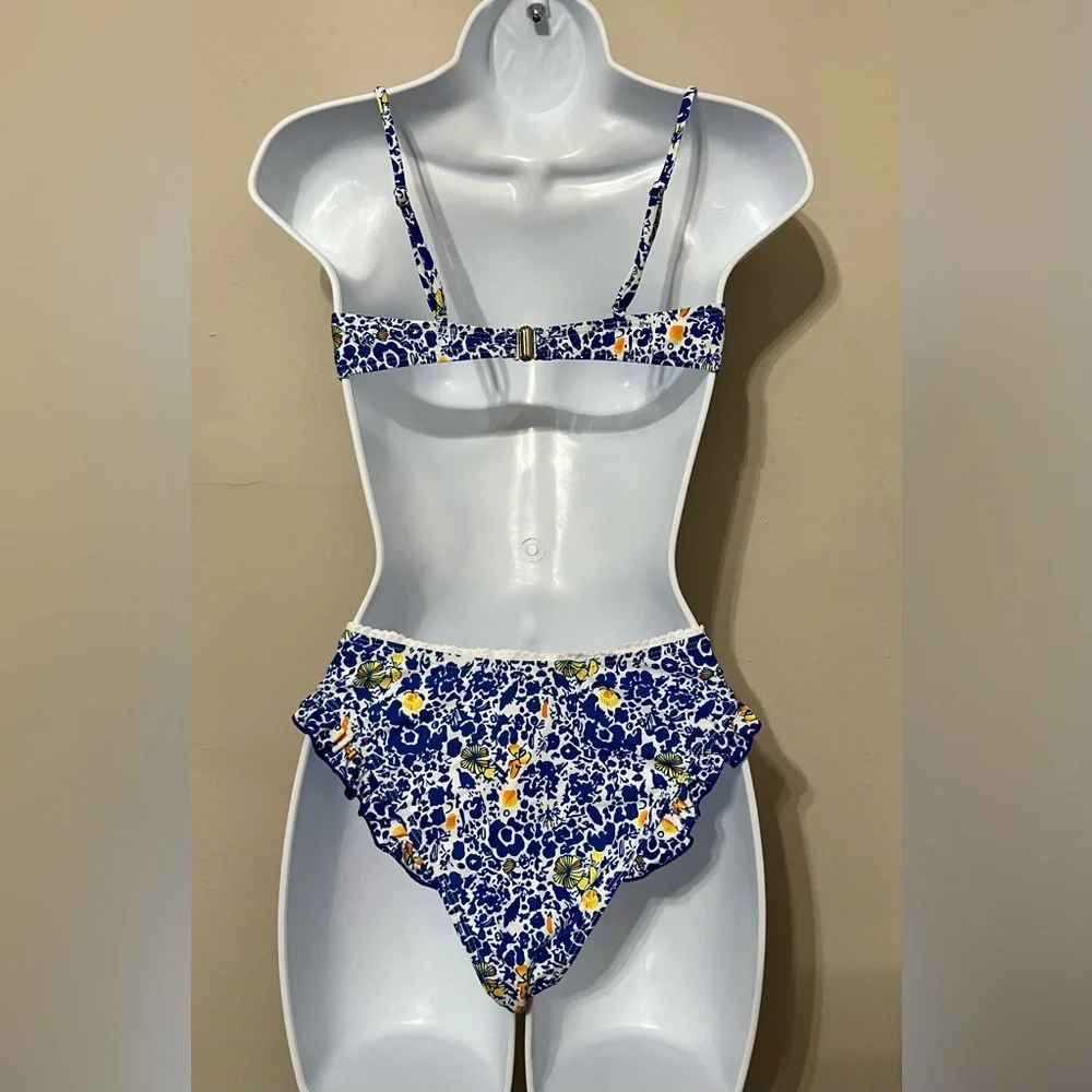 Blue Floral Frill Trim Underwire Bikini Set
